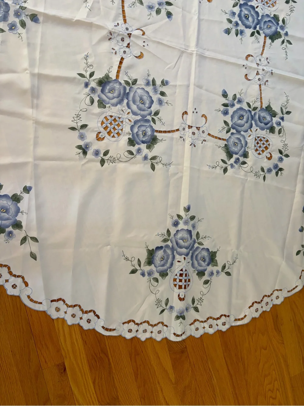 Blue Floral Embroidered Round Tablecloth - Unbranded, 68